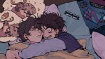  2boys absurdres bed black-framed_eyewear box brown_hair closed_eyes closed_mouth commentary_request daiya_no_ace deer dreaming english_commentary eureka292270 gift gift_box glasses head_on_pillow highres korean_commentary male_focus mixed-language_commentary miyuki_kazuya multilingual_commentary multiple_boys on_bed open_mouth pillow raccoon rectangular_eyewear sleeping_together speech_bubble takigawa_chris_yuu teeth thought_bubble under_covers unworn_eyewear yaoi 