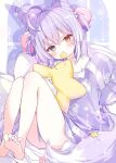  1girl ahoge animal_print armpit_crease artist_request bare_legs barefoot blue_eyes blush commentary_request cone_hair_bun covered_mouth double_bun feet fox_girl full_body hair_bun hair_ornament hair_rings heterochromia highres knees_up korean_commentary long_hair long_sleeves looking_at_viewer off_shoulder orange_eyes pajamas pink_pupils pom_pom_(clothes) pom_pom_hair_ornament print_shirt print_shorts purple_hair purple_shirt purple_shorts purple_tail rabbit_print second-party_source shadow shirt short_shorts shorts sitting sleeves_past_wrists soles solo star-shaped_pillow stellive tenko_shibuki thighs toenails toes very_long_hair virtual_youtuber yellow_pupils 