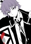  1boy absurdres angel_beats! blonde_hair closed_mouth collared_shirt commentary_request dutch_angle frown greyscale hair_between_eyes hayami_rokushichi highres jacket looking_at_viewer male_focus monochrome necktie noda_(angel_beats!) open_clothes open_jacket over_shoulder shinda_sekai_sensen_uniform shirt short_hair simple_background solo spiked_hair suit_jacket upper_body v-shaped_eyebrows weapon weapon_over_shoulder white_background 