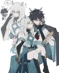  ... 00rml 1boy 1girl absurdres arm_around_another's_back black_boots black_hair boots breasts chibi chibi_inset chinese_clothes cleavage cleavage_cutout closed_mouth clothing_cutout commentary_request cosplay couple dan_heng_(honkai:_star_rail) dan_heng_(honkai:_star_rail)_(cosplay) dan_heng_(imbibitor_lunae)_(honkai:_star_rail) dan_heng_(imbibitor_lunae)_(literary)_(honkai:_star_rail) dragon_boy dragon_tail eyeliner eyewear_strap feet_out_of_frame fingerless_gloves gloves green_eyes grey_hair hair_between_eyes hetero highres holding holding_another's_tail holding_scroll honkai:_star_rail honkai_(series) invisible_chair knee_boots light_smile long_hair looking_at_another makeup multiple_views official_alternate_costume pointy_ears red_eyeliner scroll semi-rimless_eyewear simple_background sitting sitting_on_lap sitting_on_person speech_bubble spoken_ellipsis tail tail_wrap translation_request white_background yellow_eyes 
