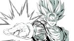  1boy amayuki318 armpits biceps closed_mouth collarbone commentary dougi dragon_ball earrings energy energy_sword gloves greyscale jewelry large_pectorals long_hair looking_at_viewer looking_to_the_side male_focus monochrome muscular muscular_male outstretched_arm parted_bangs pectorals pointing potara_earrings saiyan short_sleeves simple_background smile solo spiked_hair super_saiyan sword upper_body vegetto weapon white_background 