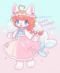  1girl :3 :d animal_ear_fluff animal_ear_piercing animal_ears animal_feet animal_hands bandaid bandaid_on_face bandaid_on_nose barefoot birthday blunt_bangs blush braid claws commentary_request commission earrings fangs fins fish_tail flower full_body furry furry_female gradient_background hanbok happy_birthday head_wreath heart heart_earrings highres jewelry korean_clothes long_hair long_skirt long_sleeves looking_at_viewer orange_hair original pink_skirt single_braid skeb_commission skirt smile solo standing standing_on_one_leg tail uyutan white_flower wolf_ears wolf_girl 