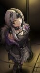  1girl arms_behind_back asymmetrical_legwear black_boots black_choker black_coat black_dress black_hair black_socks black_thighhighs blunt_bangs boots breast_strap breasts choker cleavage closed_mouth coat commentary dress english_commentary fishnet_socks fishnets fur-trimmed_coat fur_trim grey_hair highres hololive hololive_english kneehighs lace-up_boots large_breasts layered_dress long_hair looking_at_viewer mismatched_legwear multicolored_hair shiori_novella shiori_novella_(1st_costume) single_kneehigh single_sock single_thighhigh sleeveless sleeveless_dress smile socks solo split-color_hair standing striped_clothes striped_thighhighs thighhighs two-tone_hair uneven_legwear vakuuberi virtual_youtuber yellow_eyes yorick_(shiori_novella) 