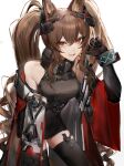  1girl a_(user_cxnx7374) absurdres angelina_(arknights) animal_ear_fluff animal_ears arknights arknights:_endfield bare_shoulders black_gloves breasts brown_hair coat commentary_request detached_sleeves fox_ears fox_girl gilberta_(arknights) gloves hair_between_eyes headpiece high_collar highres long_hair long_sleeves looking_at_viewer open_mouth red_coat simple_background smile solo twintails very_long_hair white_background 