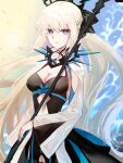  1girl aquact black_bow black_dress blonde_hair blue_eyes bow braid breasts cleavage clothing_cutout commentary_request cowboy_shot dress fate/grand_order fate_(series) hair_between_eyes hair_bow half_up_braid highres holding holding_weapon large_breasts long_hair long_sleeves looking_at_viewer medium_breasts morgan_le_fay_(fate) morgan_le_fay_(third_ascension)_(fate) polearm ponytail sidelocks solo spear spikes staff very_long_hair weapon white_dress wide_sleeves 