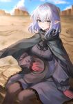  1girl absurdres black_cloak black_dress blue_eyes blurry blurry_background breasts brown_hat brown_pantyhose cloak commentary_request commission day dress feet_out_of_frame gloves hair_between_eyes hat highres holding holding_unworn_clothes holding_unworn_hat large_breasts looking_at_viewer medium_hair original outdoors pantyhose parted_lips pointy_ears puranetto_(vjun4748) red_gloves sitting skeb_commission solo unworn_hat unworn_headwear white_hair 