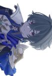  1boy armor belt belt_collar black_belt blue_shirt choker coat collar collared_shirt commentary crossed_bangs double-parted_bangs earrings genshin_impact glint green_hair hair_between_eyes hair_intakes highres jewelry lohen_(genshin_impact) long_sleeves male_focus mole mole_under_eye multicolored_eyes shirt short_hair shoulder_armor single_earring smile solo uki_a_me upper_body white_background 