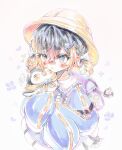  1girl :< aged_down backpack bag bandaid bandaid_on_face bandaid_on_nose black_hair blonde_hair blue_eyes blush braid character_charm charm_(object) commentary eyebrows_visible_through_hat fish_hair_ornament hair_ornament hat highres hug mei_(hiimeiree) multicolored_hair nijisanji nijisanji_en penguin_tail pentomo_(petra_gurin) petra_gurin pleated_skirt short_eyebrows short_twintails simple_background skirt sleeves_past_fingers sleeves_past_wrists streaked_hair tail thick_eyebrows twintails untranslatable_commentary virtual_youtuber white_background yellow_hat 