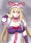 1girl alternate_color blonde_hair breasts choker cleavage closed_mouth collarbone commentary dress elbow_gloves frilled_choker frills gloves grey_background hair_between_eyes hair_ribbon hand_in_own_hair hat hat_ribbon highres large_breasts long_hair looking_at_viewer mob_cap purple_dress purple_gloves ribbon ribbon_choker short_sleeves smile solo touhou touhou_lostword two-tone_dress user_zdju2725 very_long_hair white_dress yakumo_yukari yellow_eyes 