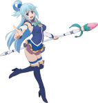  1girl aqua_(konosuba) blue_boots blue_choker blue_eyes blue_gem blue_hair blue_shirt blue_skirt boots bow bowtie breasts brooch choker detached_sleeves frilled_choker frills from_side full_body gem green_bow green_bowtie hair_ornament hair_rings holding holding_staff jewelry kono_subarashii_sekai_ni_shukufuku_wo! kono_subarashii_sekai_ni_shukufuku_wo!_kono_yokubukai_game_ni_shinpan_o! l_hand large_breasts long_hair looking_at_viewer official_art open_mouth shirt single_hair_ring skirt sleeveless sleeveless_shirt solo sphere_hair_ornament staff standing standing_on_one_leg thigh_boots thighhighs thighhighs_under_boots transparent_background v-shaped_eyebrows white_sleeves white_thighhighs 