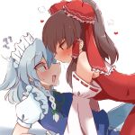  2girls ? ?? apron blue_vest blush bow braid brown_eyes brown_hair commentary detached_sleeves eye_contact frilled_bow frilled_hair_tubes frills green_bow green_ribbon grey_hair hair_bow hair_tubes hakurei_reimu izayoi_sakuya long_hair looking_at_another maid maid_headdress multiple_girls neck_ribbon pointy_nose puffy_short_sleeves puffy_sleeves red_bow red_skirt ribbon ribbon-trimmed_sleeves ribbon_trim shirt short_sleeves sideways_mouth simple_background skirt skirt_set sweat tanikake_yoku touhou twin_braids vest waist_apron white_background white_shirt yuri 