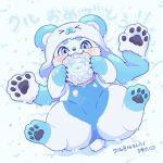  1boy :3 animal_ears animal_feet animal_hands animal_hat bear_boy bear_ears bear_tail biting blue_eyes blush cake claws commentary_request commission deformed digitigrade eating fangs food full_body furry furry_male hat highres holding holding_cake holding_food looking_at_viewer lying male_focus on_back original pawpads presenting_pawpads skeb_commission smile snow snow_angel solo spread_legs tail translation_request uyutan 