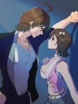  ahoge amagase_touma amami_haruka belt black_jacket blackish_961sp_(idolmaster) breasts brown_hair closed_mouth commentary_request eye_contact face-to-face faceoff from_side green_eyes grey_skirt highres idolmaster idolmaster_(classic) idolmaster_2 idolmaster_side-m jacket kabedon looking_at_another luxury_(idolmaster) medium_breasts official_alternate_costume open_clothes open_jacket pink_diamond_765_(idolmaster) pink_vest pinnmoku shirt short_hair skirt standing vest white_belt white_shirt 