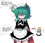  1boy 1girl alice_grimm alternate_costume antennae apron black_cape black_dress black_eyes blonde_hair bloomers blush cape closed_mouth commentary crossdressing crossdressing_(mtf) crossed_arms dress english_commentary english_text enmaided fairy fairy_wings frown genderswap genderswap_(ftm) green_hair hair_between_eyes highres identical_genderswap juliet_sleeves long_hair long_sleeves maid maid_headdress male_focus male_maid profanity puffy_sleeves red_cape slur_(profanity) speech_bubble touhou trap two-sided_cape two-sided_fabric typo white_apron white_bloomers wings wriggle_nightbug 