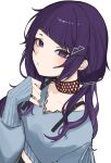  1girl absurdres blue_shirt blush brown_choker choker closed_mouth collarbone commentary_request diagonal_bangs ear_piercing eyelashes fingernails hair_ornament hairclip highres idolmaster idolmaster_shiny_colors long_hair long_sleeves looking_at_viewer nail_polish piercing purple_eyes purple_hair purple_nails ryo---ta shirt simple_background sleeves_past_wrists solo tanaka_mamimi twintails upper_body v-neck white_background 
