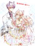  1boy 1girl :d animal_ears bare_shoulders black_shirt blush boutonniere bow bracelet breasts brown_hair character_request cleavage closed_mouth collared_shirt colored_tips copyright_request crescent crescent_hair_ornament dress fluffy_tail gloved_sleeves hair_between_eyes hair_ornament highres hinabu holding_hands holding_own_dress jacket jewelry juliet_sleeves lapels long_hair long_sleeves looking_at_another looking_at_viewer medium_breasts multicolored_hair necktie off-shoulder_dress off_shoulder open_mouth pink_dress puffy_sleeves purple_eyes purple_hair red_bow red_eyes red_necktie shirt sleeve_bow smile suit_jacket tail translation_request white_jacket wolf_boy wolf_ears wolf_girl wolf_tail 