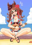  animal_ears ashitaba_tomorou bare_legs beach bikini blue_sky braid breasts brown_hair choker cloud day ears_through_headwear fedora flower forever_young_(umamusume) green_choker green_eyes hair_flower hair_ornament hat hawaiian_shirt holding holding_instrument holding_ukulele horse_ears horse_girl instrument long_hair multicolored_hair ocean open_mouth outdoors playing_instrument red-tinted_eyewear sandals shirt sitting_on_log sky streaked_hair sunglasses swimsuit tinted_eyewear ukulele umamusume 