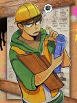  1boy adxrn brown_hair bulletin_board commentary cowboy_shot edd_(eddsworld) eddsworld english_commentary green_hoodie grey_shirt hand_up hard_hat helmet highres holding_blueprints holding_plank hood hood_down hoodie jitome male_focus mouth_hold official_alternate_costume open_mouth outline pencil plank shirt short_hair sleeves_rolled_up spoken_squiggle squiggle sweatdrop tomee_bear_(eddsworld) toon_(style) vest white_outline yellow_vest 