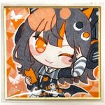  1girl animal_ear_headphones animal_ears arm_belt asymmetrical_sleeves bat_wings belt black_choker black_hair black_sweater border bug butterfly cat_ear_headphones cat_ears chibi choker cross-laced_clothes cross-laced_dress dress eyeball_hair_ornament fake_animal_ears fang gold_border headphones holding holding_phone layered_dress long_hair long_sleeves looking_at_viewer mahou_shoujo_no_majo_saiban multicolored_hair noa_rei one_eye_closed orange_background orange_eyes orange_streaks phone sawatari_coco shikishi shirt short_hair skin_fang skirt skull solo streaked_hair striped_sleeves stuffed_animal stuffed_cat stuffed_toy sweater traditional_media very_long_hair white_border white_butterfly white_shirt white_skirt wings 