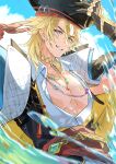  1boy absurdres alternate_costume arm_up bare_pectorals belt black_gloves black_hat black_jacket blonde_hair blue_eyes blue_gem cape chaichaiwolf cloud collared_shirt commentary cowboy_shot english_commentary gem genshin_impact gloves gold_trim hair_behind_ear hair_between_eyes hand_on_own_head hat highres jacket looking_at_viewer male_focus medium_hair open_clothes open_shirt outdoors parted_lips pectorals pierced_hat pirate_costume pirate_hat shirt sky smile solo two-sided_cape two-sided_fabric varka_(genshin_impact) water white_shirt wing_collar 