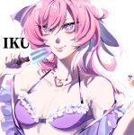  1girl a_kun.ak absurdres bikini breasts chinese_commentary commentary_request elysia_(herrscher_of_human:_ego)_(honkai_impact) elysia_(honkai_impact) elysia_(summer_2023)_(honkai_impact) food highres honkai_(series) honkai_impact_3rd long_hair looking_at_viewer medium_breasts multicolored_hair official_alternate_costume pink_hair popsicle purple_bikini purple_eyes simple_background smile solo swimsuit two-tone_hair upper_body very_long_hair white_background white_hair 