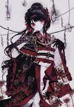  1girl artist_name black_gloves black_hair blancrochen bug butterfly butterfly_hair_ornament butterfly_print_kimono closed_mouth commentary cowboy_shot flower frills furisode gloves hair_ornament highres japanese_clothes kimono long_hair looking_at_viewer mahou_shoujo_no_inshuu_mura mahou_shoujo_no_majo_saiban nikaido_hiro noose obi obijime red_butterfly red_eyes sash side_capelet signature solo spider_lily twitter_username two-tone_kimono watermark white_background wide-eyed 