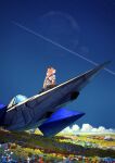  1boy absurdres animal_ears arwing blue_sky brown_fur closed_mouth cloud cloudy_sky contrail field flower flower_field fox_boy fox_ears fox_mccloud furry furry_male highres looking_up male_focus poteto_(potetosarada123) sitting sky smile star_fox star_fox_(2026) 