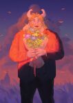  1boy absurdres asgore_dreemurr beard blonde_hair blush bouquet commentary commission english_commentary facial_hair fangs floppy_ears furry furry_male goat_horns highres holding holding_bouquet horns lodgebert looking_at_viewer male_focus open_mouth outdoors skin_fangs smile solo standing utdr_(toby_fox) 