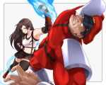  1boy 1girl aura black_skirt black_sports_bra black_thighhighs blank_eyes breasts brown_hair clenched_hand clenched_teeth commentary_request crop_top crossover dangle_earrings duel english_commentary final_fantasy final_fantasy_vii final_fantasy_vii_remake highres jacket long_hair m._bison medium_breasts midriff miniskirt mixed-language_commentary mixed-sex_combat muscular muscular_male punching red_eyes red_jacket shirt skirt sports_bra street_fighter street_fighter_6 teeth thighhighs tifa_lockhart tuzi717 uppercut white_shirt 