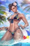  1girl ariel_diaz ball beachball bikini blue_bikini blue_nails blue_ribbon bracelet breasts brown_eyes brown_hair chun-li commentary earrings english_commentary flower front-tie_bikini_top front-tie_top hair_flower hair_ornament hair_ribbon highres jewelry large_breasts legs looking_at_viewer muscular muscular_female narrow_waist navel palm_tree pearl_earrings print_bikini ribbon side-tie_bikini_bottom solo splashing street_fighter swimsuit thick_thighs thighs tree untying updo water wide_hips 