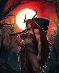  1girl abs animal_ears antlers axe barbarian braid breasts brown_hair celtic_knot chest_sarashi chipped_axe cleavage deer_antlers deer_ears deer_girl diana_(yester)_(trickcal) forest highres holding holding_axe holding_weapon horns huge_weapon humanization large_breasts loincloth long_hair moon mr_tangsuyuk muscular muscular_female nature outdoors over_shoulder red_eyes red_moon sarashi solo trickcal twin_braids underboob weapon weapon_over_shoulder winter 