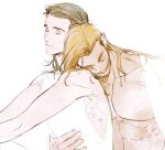  10000ta 2boys abs bare_pectorals bare_shoulders closed_eyes closed_mouth commentary facial_hair goatee hair_behind_ear hand_on_another's_chest inseki loki_(marvel) long_hair male_focus marvel multiple_boys open_clothes open_shirt parted_hair pectorals shirt simple_background sleeveless sleeveless_shirt snake snake_wrapped_around_arm thick_eyebrows thor_(marvel) thor_(marvel)_(series) untranslatable_commentary upper_body white_background white_shirt widow's_peak yaoi 