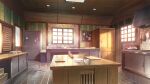  bowl bulletin_board cabinet ceiling_light counter cutting_board evening frying_pan game_asset glowing_windows indoors karakara_(game) katou_taira kitchen kitchen_hood kitchen_knife knife no_humans official_art plate self-datamine sink sunlight table wallpaper_(object) window wooden_ceiling wooden_table 