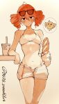  absurdres ahoge alternate_costume artist_name baguette bare_shoulders bikini bikini_bottom_under_shorts bikini_under_clothes blush bread breasts cowboy_shot cup disposable_cup drill_hair eyewear_on_head food hair_between_eyes highres holding_bread kasane_teto looking_at_viewer medium_hair melting midriff navel o-ring o-ring_bikini red_hair shorts small_breasts solid_circle_pupils spoken_character sunglasses sweat swimsuit table tanlines twin_drills twintails twitter_username utau versailles0628 