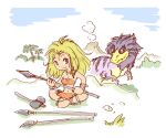  1girl :3 animal bare_shoulders barefoot blonde_hair blue_sky breasts brown_skirt caveman chibi cleavage closed_mouth commentary_request dinosaur fur_bikini fur_skirt holding holding_polearm holding_weapon kabiinyo_(kab) long_hair medium_breasts navel original polearm sitting skirt sky solo spear volcano weapon 