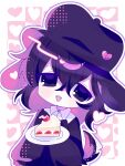  1girl animal_ears black_cardigan black_eyes black_hair blush borrowed_character broken_heart broken_heart_hair_ornament broken_heart_hat_ornament c-chan_(deliriumcenter) cake cake_slice cardigan collared_shirt commentary_request dog_ears dog_girl dog_tail fangs flat_cap food fruit hair_ornament hat heart heart_hair_ornament highres hitori_mocchi holding holding_plate jitome open_mouth original pale_skin plate shirt short_hair simple_background sleeves_past_fingers sleeves_past_wrists solo strawberry strawberry_shortcake tail upper_body white_shirt 