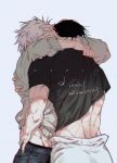  2boys abs black_hair black_shirt fushiguro_toji gojo_satoru grey_background grey_hair hand_on_another's_waist highres hug jujutsu_kaisen male_focus multiple_boys pairing_name pants sashiyu scar scar_on_back shirt short_hair sweater toned toned_male yaoi 