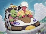  2boys alien blue_eyes blue_sky casual cloud colored_skin commentary_request dragon_ball dragon_ball_z driving extra_eyes green_skin guldo highres hover_vehicle jeice long_hair male_focus multiple_boys official_style one_eye_closed open_mouth orange_shirt pink_shirt red_skin sakkan shirt sky steering_wheel 