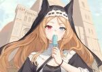  1girl absurdres archetto_(arknights) archetto_(glory_of_the_devout)_(arknights) arknights black_dress blonde_hair blue_eyes breasts building cathedral chinese_commentary church cleavage cleavage_cutout clothing_cutout dated_commentary dress food food_in_mouth headscarf heterochromia highres holding holding_food holding_popsicle lian_jie_lian_hu_hua long_hair melting_popsicle popsicle popsicle_in_mouth red_eyes small_breasts solo sweat 
