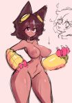  1girl :3 absurdres addison_fanta animal_ears breasts brown_fur brown_hair cat_ears cat_girl cowboy_shot eyewear_on_head furry furry_female gameoverse gauntlets highres kit_bodega narrow_waist nipples nude sketch thick_thighs thighs 