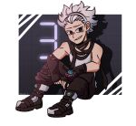  1boy arm_warmers black_arm_warmers black_boots black_eyes black_pants black_sclera blush boots colored_sclera commentary dragnoodles drop_shadow english_commentary full_body grid_background kyokugen_dasshutsu kyokugen_dasshutsu:_9_jikan_9_nin_9_no_tobira looking_at_viewer male_focus pants santa_(kyokugen_dasshutsu) seven-segment_display shirt short_hair sitting sleeveless sleeveless_shirt smile solo watch white_hair white_shirt wristwatch 