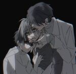  3boys alien_stage black_background black_eyes black_hair black_shirt coat commentary dual_persona fang gauze gauze_on_cheek green_eyes grey_hair hand_on_another's_face hand_on_another's_neck highres ivan_(alien_stage) multiple_boys red_pupils sakizome shirt till_(alien_stage) white_coat white_shirt 