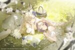  2girls absurdres animal_ear_fluff animal_ears blonde_hair blue_eyes blue_flower blurry blurry_foreground book breasts cat_ears cat_girl cat_tail chinese_commentary cleavage colored_eyelashes commentary_request company_name copyright_name copyright_notice daisy_(flower) dress dress_flower english_commentary envelope flower from_above grass highres iseri_(meridian_project) long_hair looking_at_viewer medium_breasts meridian_project miri_(meridian_project) multiple_girls on_ground paper picnic_basket purple_eyes purple_flower purple_hair second-party_source tail virtual_youtuber white_dress white_flower zzingsa_(daxter123) 