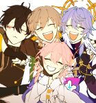 1girl 3boys :3 ^_^ arm_around_neck arm_strap armor artist_name black_choker black_gloves black_hair black_jacket black_shirt blue_hair blue_jacket blush bow breasts buttons caelus_(honkai:_star_rail) chinese_clothes choker clenched_hand closed_eyes closed_mouth collarbone collared_shirt commentary_request constellation_print crossed_arms dan_heng_(honkai:_star_rail) dan_heng_(hunt)_(honkai:_star_rail) earrings eyeliner feathered_wings fingerless_gloves flower flower_ornament gloves gold_earrings gold_ring grey_hair hair_between_eyes halo halo_behind_head hands_on_own_face hands_up happy head_wings highres honkai:_star_rail honkai_(series) hood hooded_jacket jacket jewelry long_sleeves makeup march_7th_(honkai:_star_rail) march_7th_(preservation)_(honkai:_star_rail) medium_breasts multiple_boys open_clothes open_jacket open_mouth partially_fingerless_gloves pink_hair puffy_long_sleeves puffy_sleeves purple_shirt red_eyeliner sakae_0_0 scarf shirt short_hair shoulder_armor sidelocks simple_background single_glove smile sunday_(honkai:_star_rail) t-shirt teeth trailblazer_(honkai:_star_rail) turtleneck turtleneck_shirt two-sided_fabric two-sided_jacket upper_body v-shaped_eyebrows white_background white_bow white_flower white_jacket white_scarf white_shirt wings yellow_jacket 