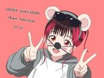  1girl animal_ear_hairband animal_ears brown_hair character_name commentary_request dated double_v eyewear_on_head fake_animal_ears fake_nose fingernails hairband hands_up happy_birthday highres hood hood_down hoodie long_sleeves looking_at_viewer mouse_ears multicolored_hair nagoya1110meib1 open_mouth real_life red_hair solo sunglasses teeth two-tone_hair upper_body upper_teeth_only v voice_actor yabushima_akane 