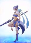  1girl absurdres blue_hair breasts closed_mouth commentary_request from_side gloves hair_bun high_heels highres holding holding_polearm holding_weapon judith_(tales) lance large_breasts navel nemimin pointy_ears polearm purple_hair ripples single_hair_bun solo standing standing_on_one_leg tales_of_(series) tales_of_vesperia weapon white_background white_gloves 
