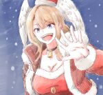  1girl absurdres blue_eyes breasts brown_hair capelet christmas cleavage commentary_request eunie_(xenoblade) hat head_wings highres large_breasts long_hair looking_at_viewer nemimin red_capelet santa_hat snowing solo upper_body waving wings xenoblade_chronicles_(series) xenoblade_chronicles_3 
