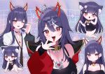  1girl @_@ ahoge akuma_nihmune akuma_nihmune_(1st_costume) akuma_nihmune_(casual) akuma_nihmune_(nyami) animal_ears bell black_collar black_dress black_jacket black_necktie black_negligee black_nightgown breasts cat_cutout cat_ears cat_lingerie chibi chibi_inset choker cleavage cleavage_cutout clothing_cutout collar commentary demon_horns dress facial_mark hair_between_eyes hair_ornament heart heart_facial_mark highres horns indie_virtual_youtuber jacket jewelry large_breasts lilichanxxx long_hair looking_at_viewer loose_necktie mole mole_under_eye multiple_expressions multiple_views neck_bell necklace necktie negligee nightgown official_alternate_costume open_mouth paw_hair_ornament purple_hair red_choker red_eyes red_horns red_jacket shirt star_(symbol) star_hair_ornament tongue tongue_out untranslatable_commentary virtual_youtuber white_shirt 