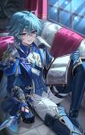  1boy absurdres ahoge armor belt belt_collar black_belt black_boots black_gloves blue_cape blue_gloves blue_shirt book boots cape choker coat collar collared_shirt commentary_request couch crossed_bangs curtains double-parted_bangs genshin_impact gloves green_hair grin hair_between_eyes hair_intakes highres holding holding_book holding_knife holding_weapon knife leg_up light_rays lohen_(genshin_impact) long_sleeves looking_at_viewer male_focus mole mole_under_eye multicolored_eyes multicolored_gloves pants plant potted_plant shirt short_hair shoulder_armor sicle sitting smile solo thigh_strap two-tone_gloves weapon white_pants window wing_collar 