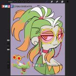  1girl alternate_color art_program_in_frame art_program_request breasts choice_specs choker cleavage closed_mouth colored_skin commentary english_commentary facebook_logo facebook_username flutter_mane green_hair grey_skin highres instagram_logo instagram_username medium_hair multicolored_eyes orange_hair patreon_logo patreon_username personification pokemon purple_background red-tinted_eyewear red_choker reference_inset round_eyewear shiny_pokemon simple_background slit_pupils smile solo tinted_eyewear twitter_logo twitter_username two-tone_eyes verlangenlotte white_hair yellow-framed_eyewear 